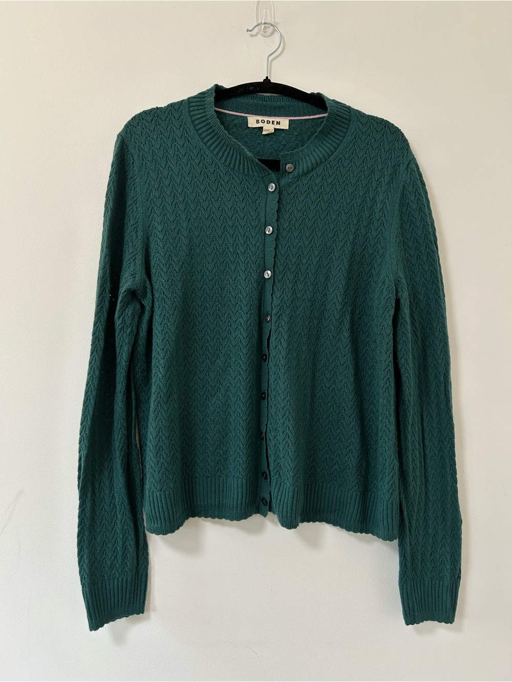 Boden Women’s Dark Emerald Green Button-Up Knit Cardigan pointelle large